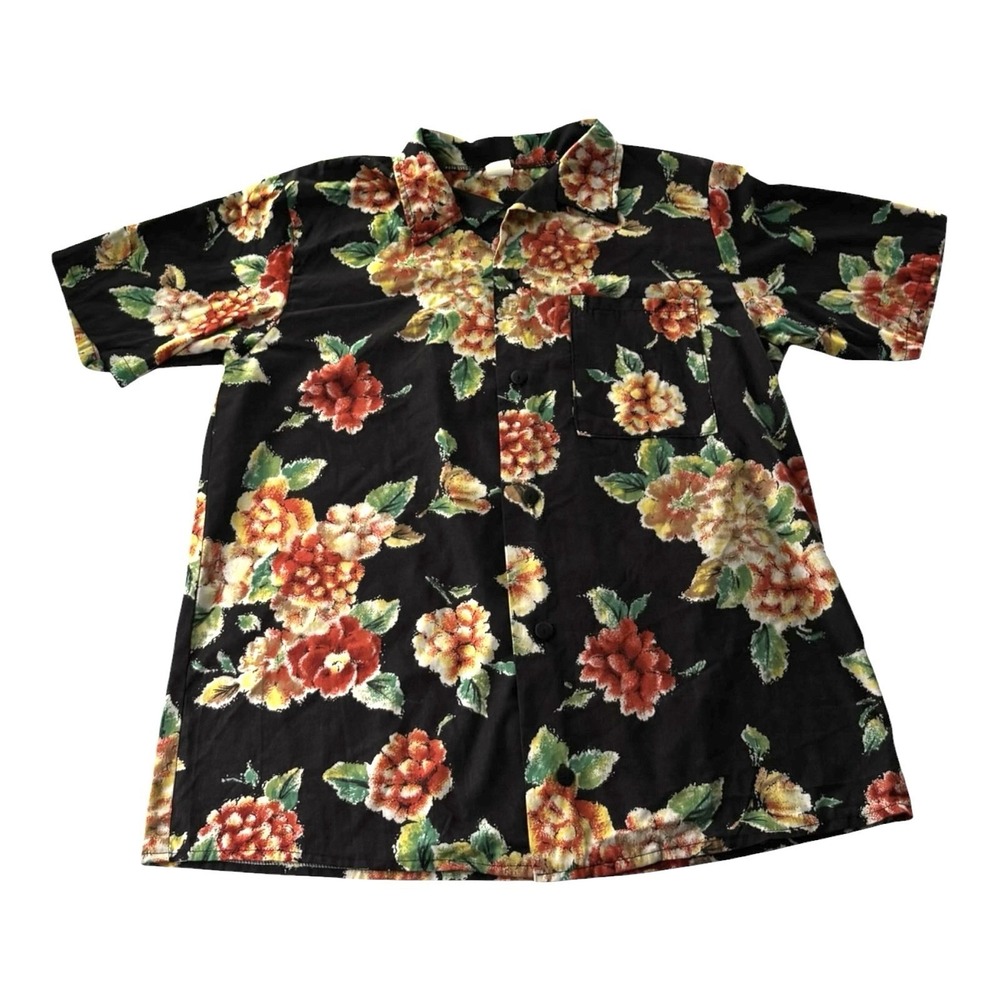 Women's 1X Black Floral Button Front Shirt Short Sleeve Made in USA Rayon